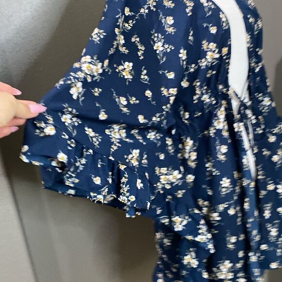 Navy Blue Floral Print Ruffled Edge Kimono Tie Front NWOT - Picture 6 of 9